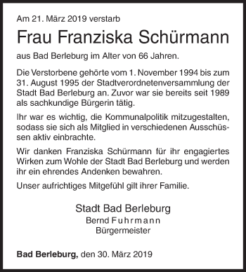 Traueranzeige von Franziska Schürmann von Siegener Zeitung
