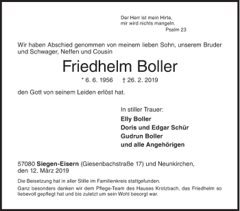 Traueranzeige von Friedhelm Boller von Siegener Zeitung