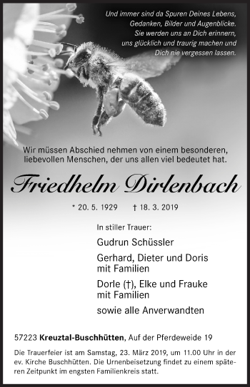 Traueranzeige von Friedhelm Dirlenbach von Siegener Zeitung