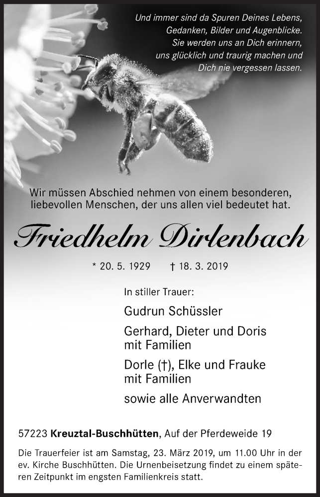  Traueranzeige für Friedhelm Dirlenbach vom 20.03.2019 aus Siegener Zeitung