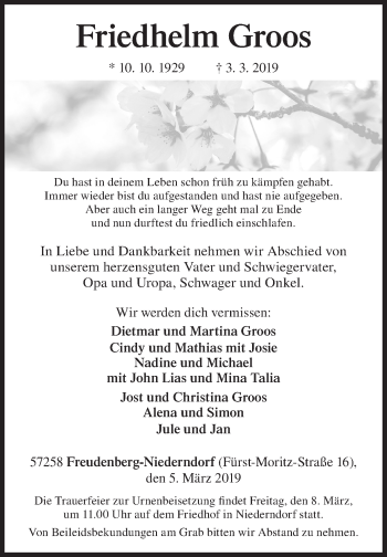Traueranzeige von Friedhelm Groos von Siegener Zeitung