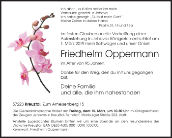 Traueranzeige von Friedhelm Oppermann von Siegener Zeitung