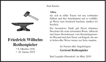 Traueranzeige von Friedrich Wilhelm Rothenpieler von Siegener Zeitung