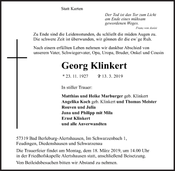 Traueranzeige von Georg Klinkert von Siegener Zeitung