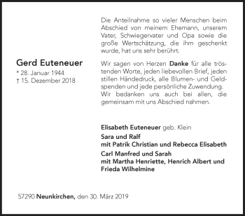 Traueranzeige von Gerd Euteneuer von Siegener Zeitung