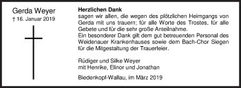 Traueranzeige von Gerda Weyer von Siegener Zeitung