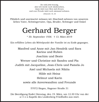 Traueranzeige von Gerhard Berger von Siegener Zeitung