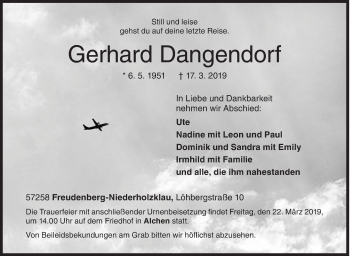 Traueranzeige von Gerhard Dangendorf von Siegener Zeitung