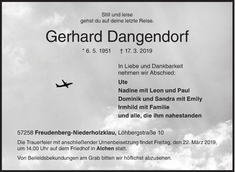  Traueranzeige für Gerhard Dangendorf vom 20.03.2019 aus Siegener Zeitung