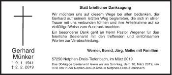 Traueranzeige von Gerhard Münker von Siegener Zeitung