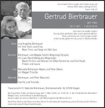 Traueranzeige von Gertrud Bierbauer von Siegener Zeitung