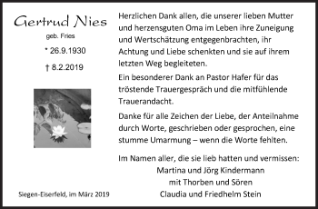 Traueranzeige von Gertrud Nies von Siegener Zeitung