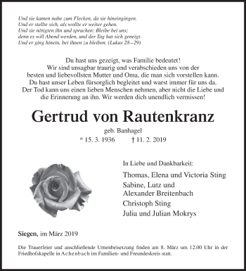 Traueranzeige von Gertrud von Rautenkranz von Siegener Zeitung