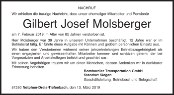 Traueranzeige von Gilben Josef Molsberger von Siegener Zeitung