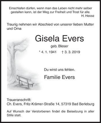 Traueranzeige von Gisela Evers von Siegener Zeitung