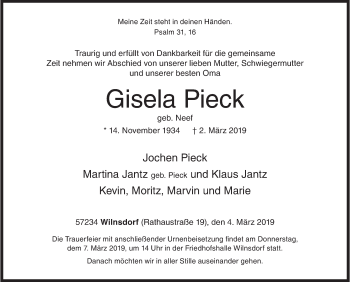Traueranzeige von Gisela Pieck von Siegener Zeitung