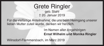 Traueranzeige von Grete Ringler von Siegener Zeitung