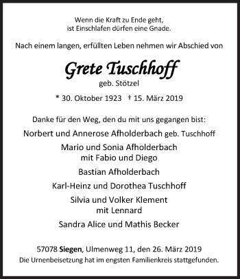 Traueranzeige von Grete Tuschhoff von Siegener Zeitung