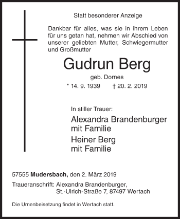 Traueranzeige von Gudrun Berg von Siegener Zeitung