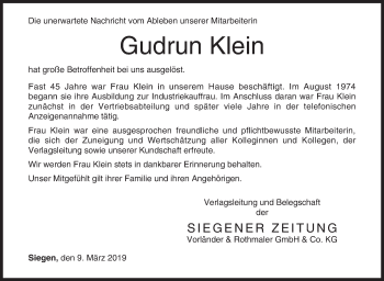 Traueranzeige von Gudrun Klein von Siegener Zeitung