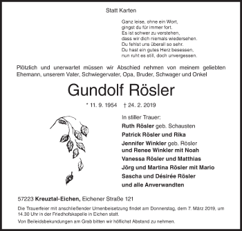 Traueranzeige von Gundolf Rösler von Siegener Zeitung