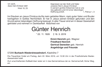 Traueranzeige von Günter Henrich von Siegener Zeitung