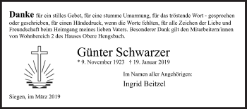 Traueranzeige von Günter Schwarz von Siegener Zeitung