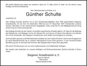 Traueranzeige von Günther Schulte von Siegener Zeitung