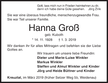 Traueranzeige von Hanna Groß von Siegener Zeitung