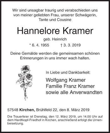 Traueranzeige von Hannelore Kramer von Siegener Zeitung