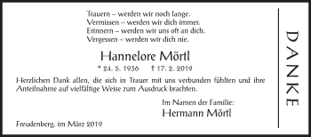 Traueranzeige von Hannelore Mörtl von Siegener Zeitung