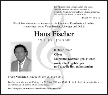Traueranzeige von Hans Fischer von Siegener Zeitung