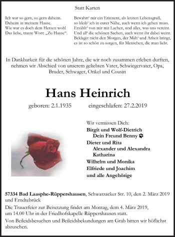 Traueranzeige von Hans Heinrich von Siegener Zeitung