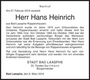 Traueranzeige von Hans Heinrich von Siegener Zeitung