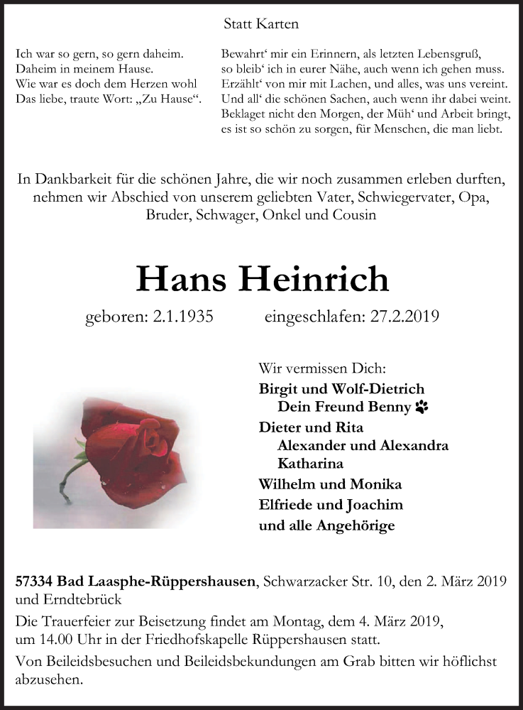  Traueranzeige für Hans Heinrich vom 02.03.2019 aus Siegener Zeitung