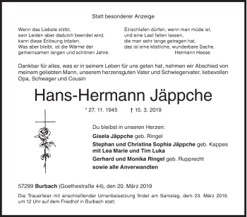 Traueranzeige von Hans-Hermann Jäppche von Siegener Zeitung