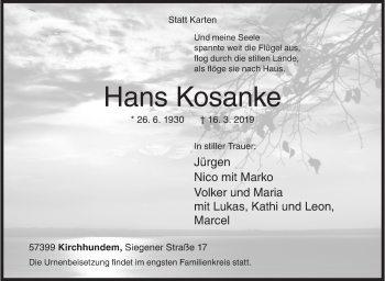 Traueranzeige von Hans Kosanke von Siegener Zeitung