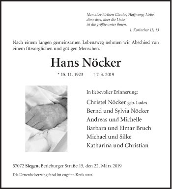 Traueranzeige von Hans Nöcker von Siegener Zeitung