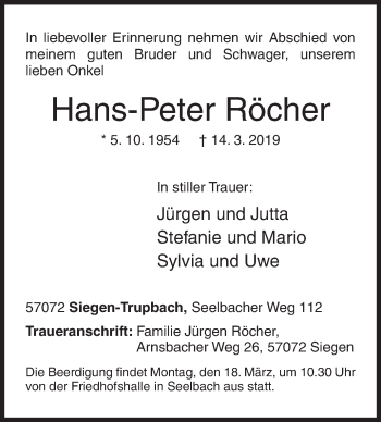 Traueranzeige von Hans-Peter Röcher von Siegener Zeitung