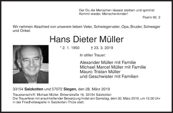 Traueranzeige von Hans Dieter Müller von Siegener Zeitung