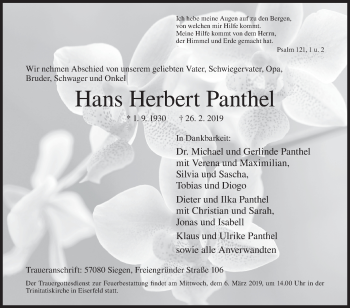 Traueranzeige von Hans Herbert Panthel von Siegener Zeitung