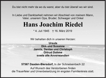 Traueranzeige von Hans Joachim Riedel von Siegener Zeitung