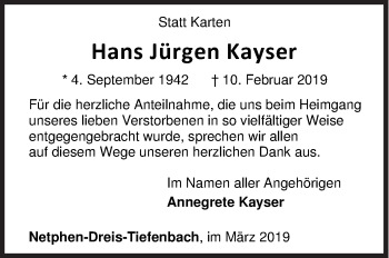 Traueranzeige von Hans Jürgen Kayser von Siegener Zeitung