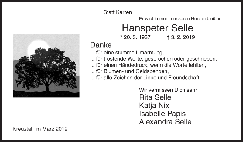  Traueranzeige für Hanspeter Selle vom 07.03.2019 aus Siegener Zeitung