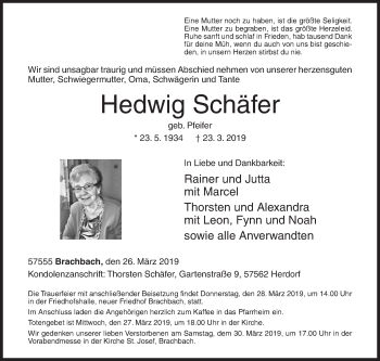 Traueranzeige von Hedwig Schäfer von Siegener Zeitung