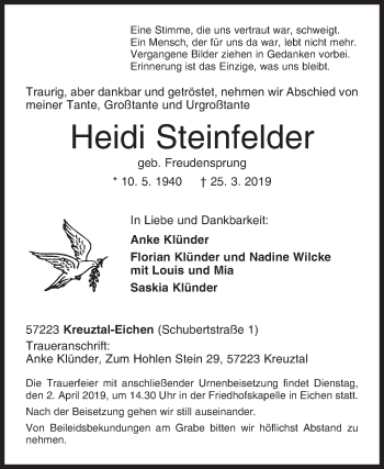 Traueranzeige von Heidi Steinfelder von Siegener Zeitung