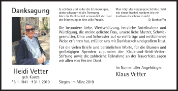 Traueranzeige von Heidi Vetter von Siegener Zeitung