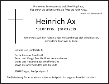Traueranzeige von Heinrich Ax von Siegener Zeitung