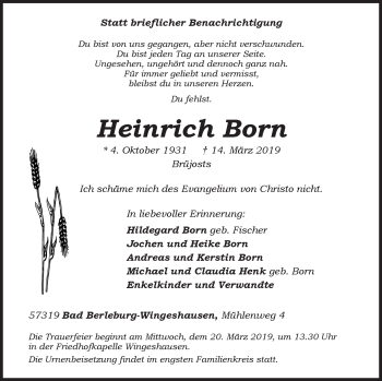 Traueranzeige von Heinrich Born von Siegener Zeitung