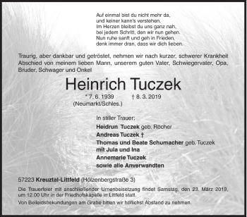 Traueranzeige von Heinrich Tuczek von Siegener Zeitung